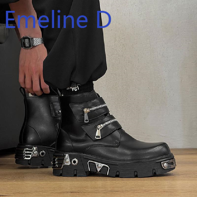 Men'S Shoes With Height Increase - Dunkle Punk-High-Top-Schuhe, modisches Herren-Reißverschluss-Gürtel-Design, dicke Sohle,